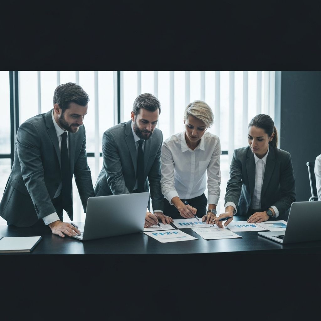 Equipo de profesionales analizando proyectos financieros en oficina moderna